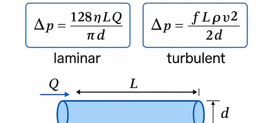 Grafik zum Druckverlust in Rohrleitungen mit Hagen–Poiseuille- und Darcy–Weisbach-Gleichung.
