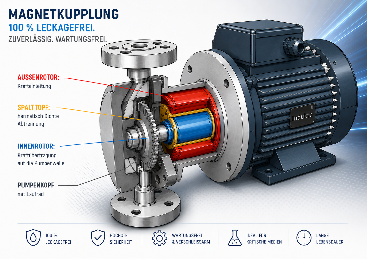 Schnittdarstellung einer hermetisch dichten Pumpe mit Magnetkupplung. Gezeigt werden Außenrotor, Spalttopf, Innenrotor und Pumpenkopf zur berührungslosen Drehmomentübertragung ohne Wellendichtung.