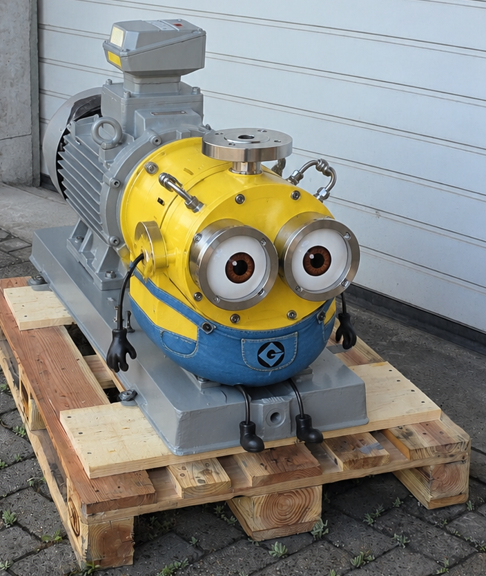 Humorvolle Darstellung einer kundenspezifischen Sonderpumpe, deren Heiz- und Kühlanschlüsse an die Optik eines Minions erinnern.
