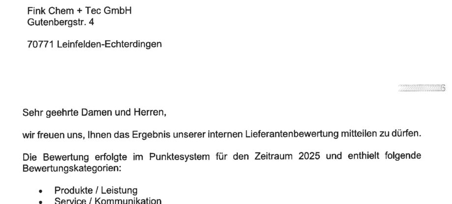 Auszug einer positiven Lieferantenbewertung mit guter Gesamtbewertung und Lob für Kommunikation, Lieferqualität und Flexibilität.