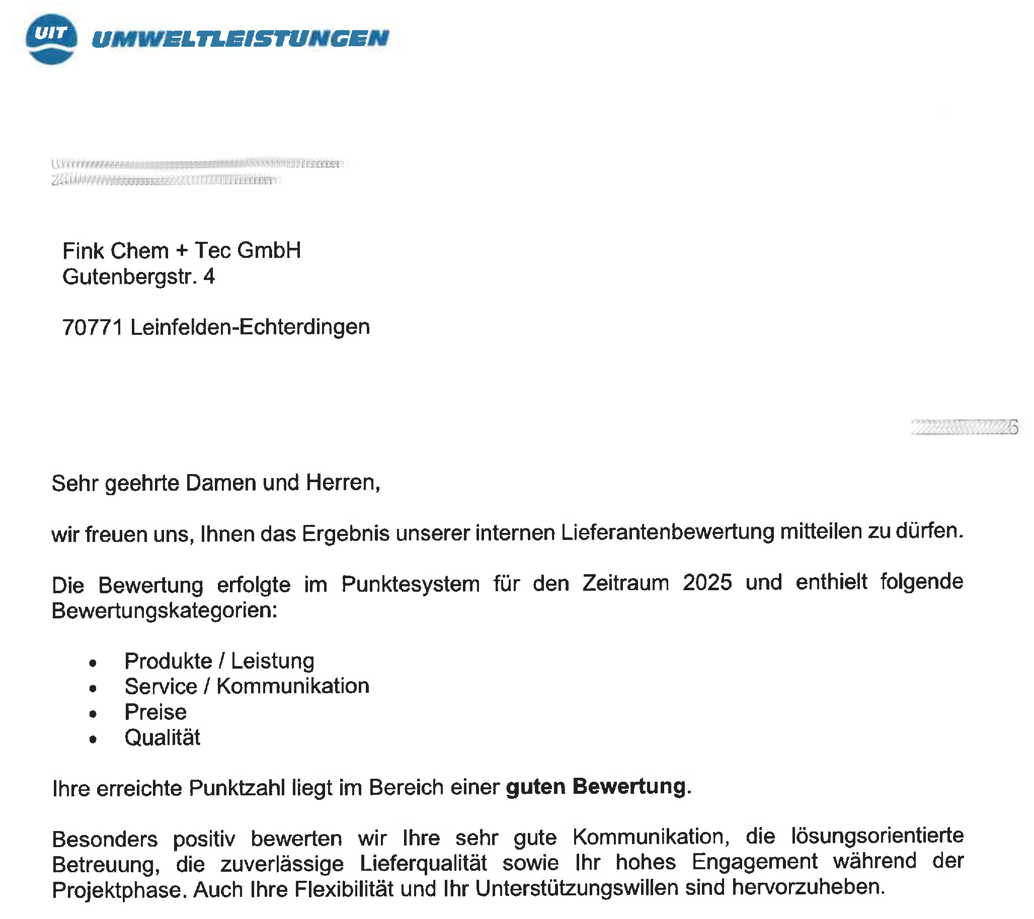 Auszug einer positiven Lieferantenbewertung mit guter Gesamtbewertung und Lob für Kommunikation, Lieferqualität und Flexibilität.