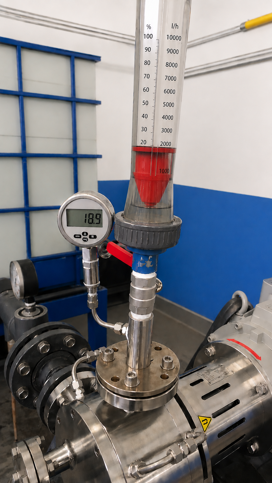 Abnahmeprüfung einer kundenspezifischen Förderpumpe auf dem Prüfstand bei Fink Chem+Tec mit Durchfluss- und Druckmessung.